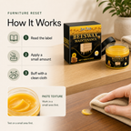 Beeswax Furniture Polish paste texture and label directed furniture touch up routine