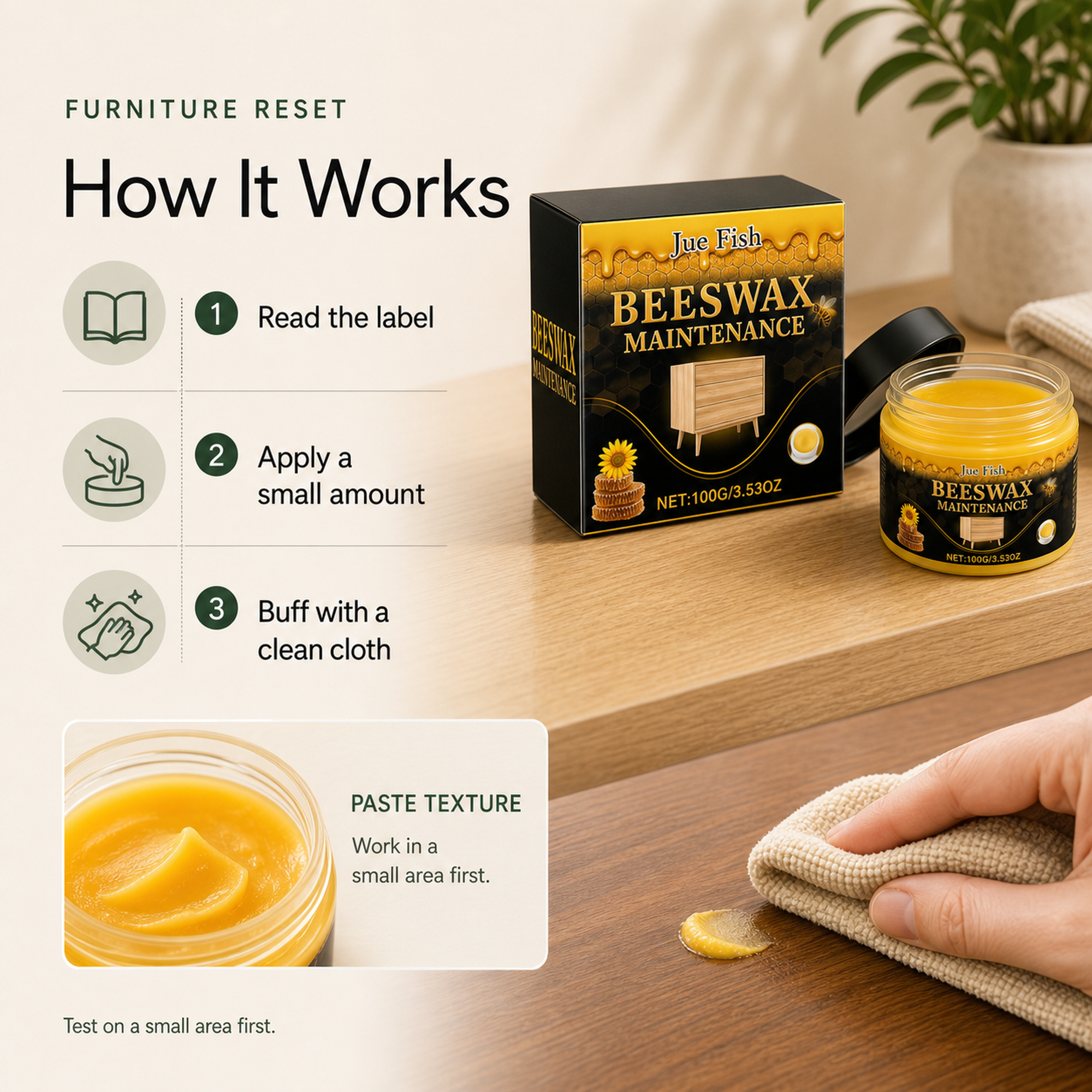 Beeswax Furniture Polish paste texture and label directed furniture touch up routine