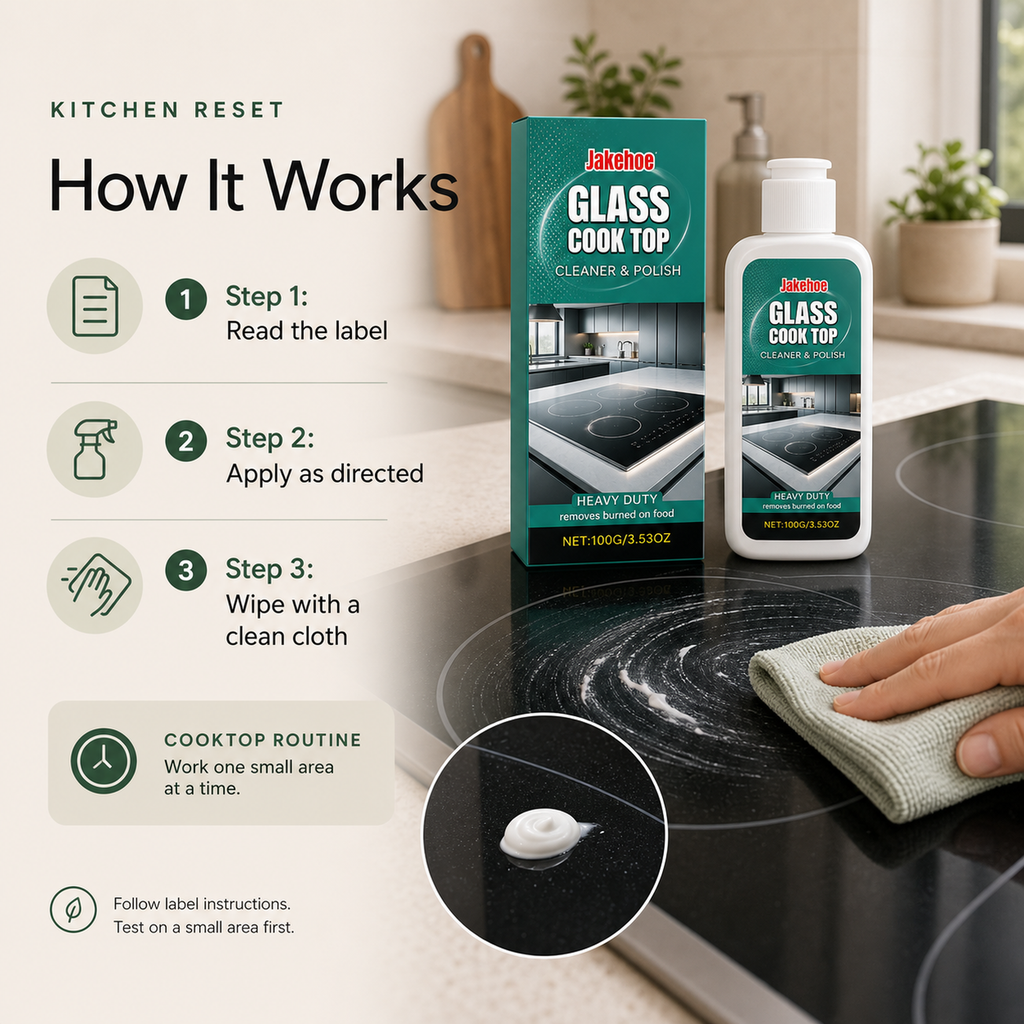 Glass Stovetop Cleaner and Polish label directed routine read label apply as directed and wipe with a clean cloth