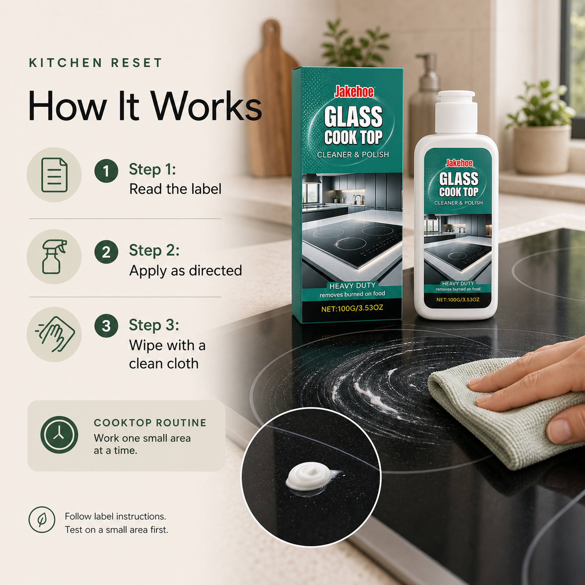 Glass Stovetop Cleaner and Polish label directed routine read label apply as directed and wipe with a clean cloth