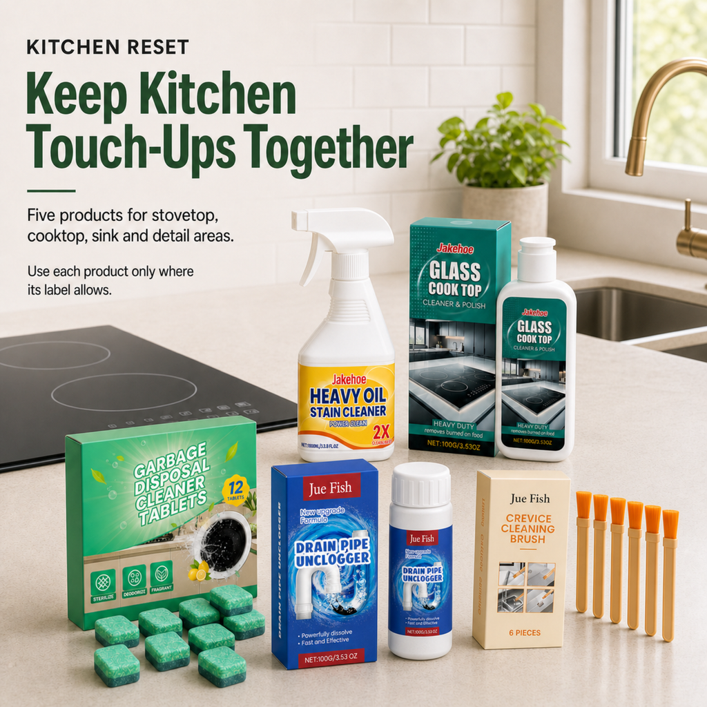 Kitchen Reset Kit with five distinct products arranged on a warm apartment kitchen counter
