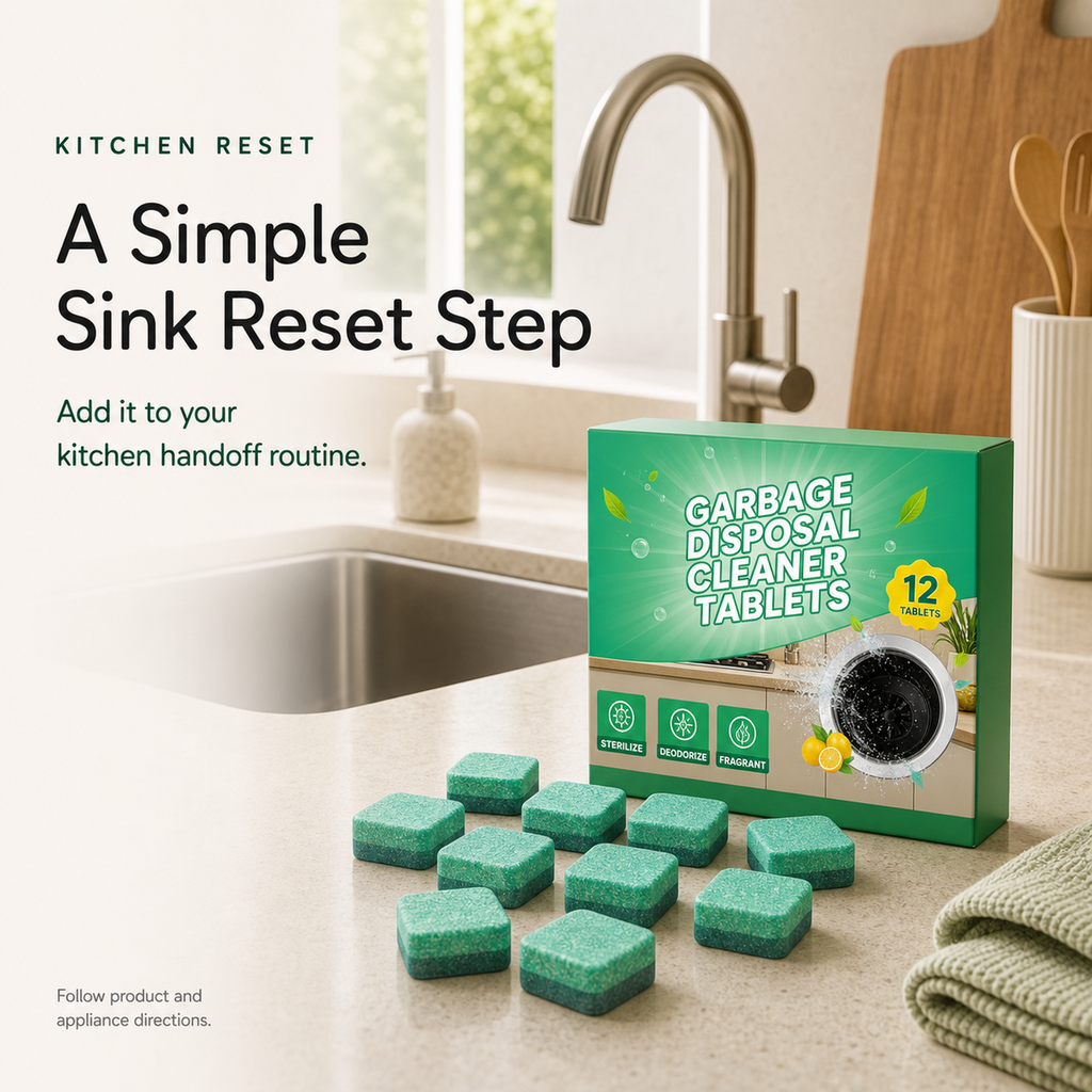 Garbage Disposal Cleaning Blocks styled as a simple kitchen sink reset step