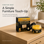 Beeswax Furniture Polish styled on a wood cabinet for small apartment furniture touch ups