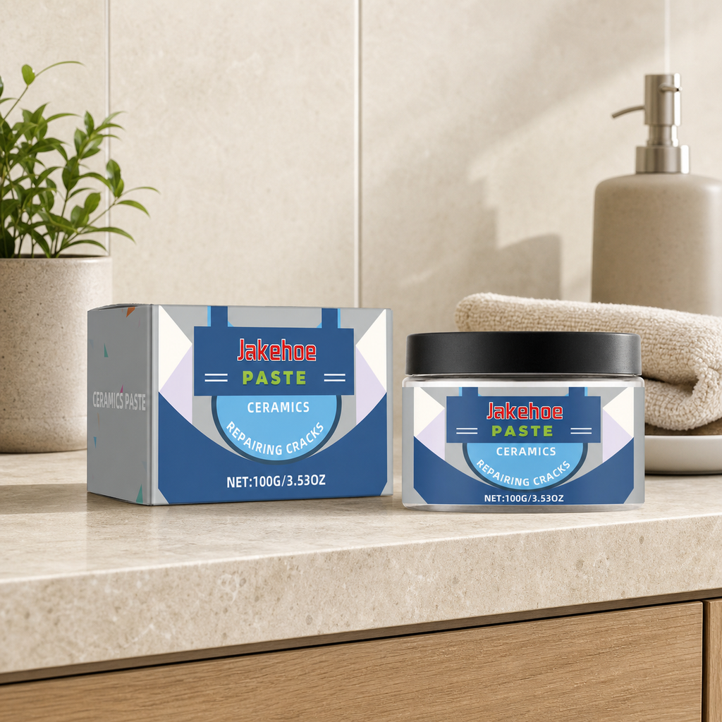 Tile Repair Paste styled on a warm bathroom counter with clean tile and neutral towels