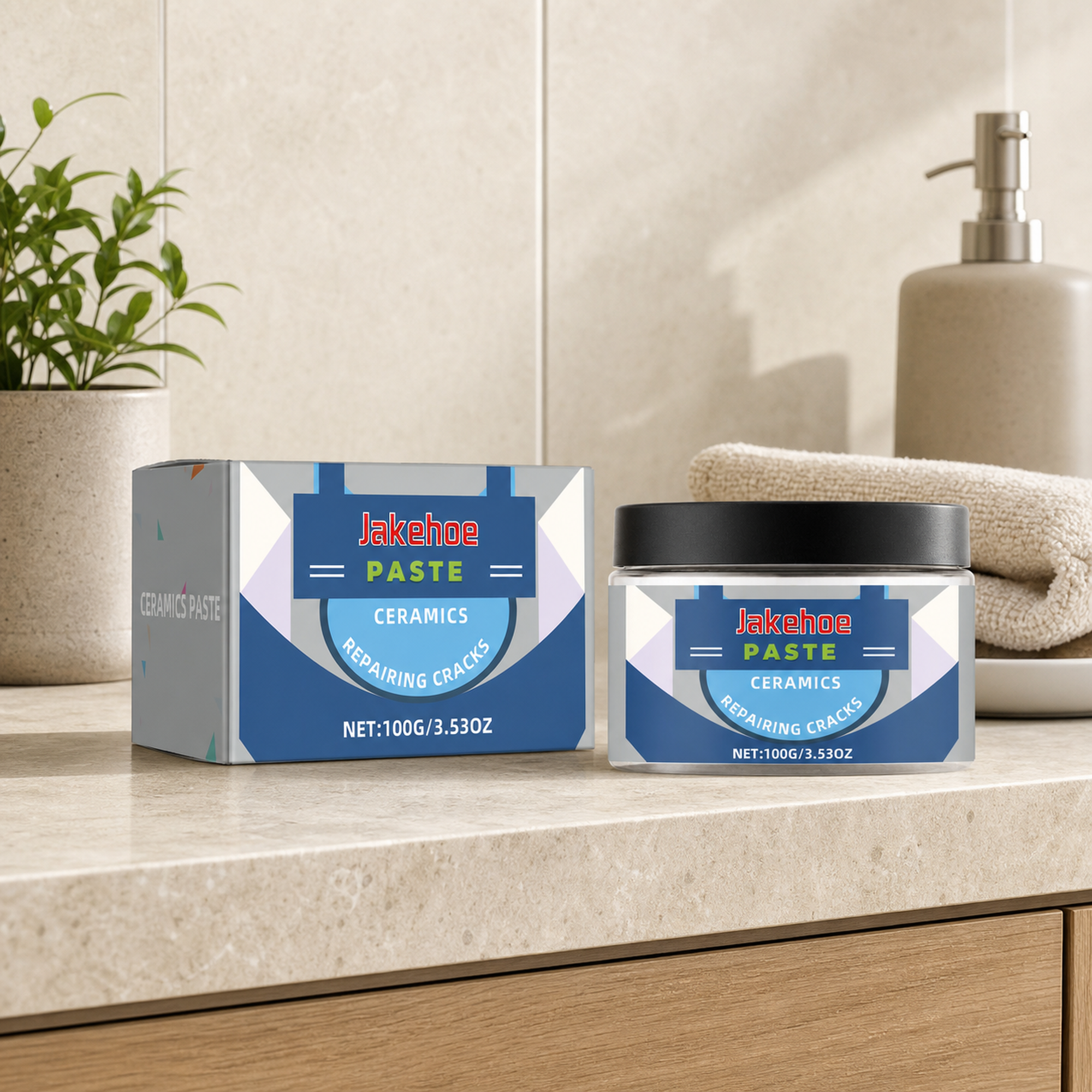 Tile Repair Paste styled on a warm bathroom counter with clean tile and neutral towels