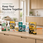 Seven Whole Apartment Reset Bundle products arranged in a bright modern apartment