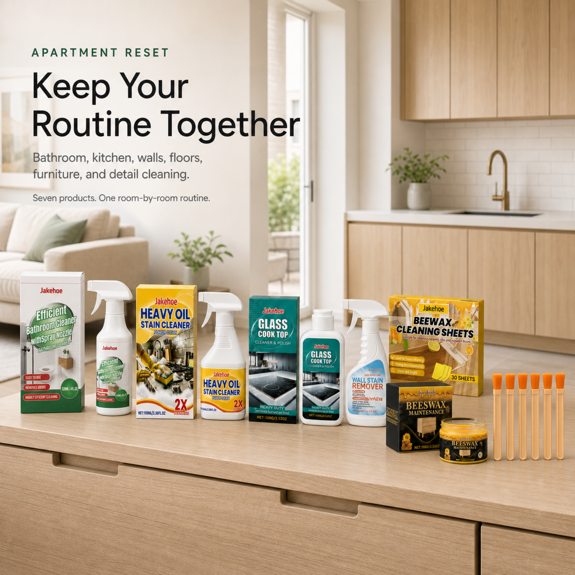 Seven Whole Apartment Reset Bundle products arranged in a bright modern apartment
