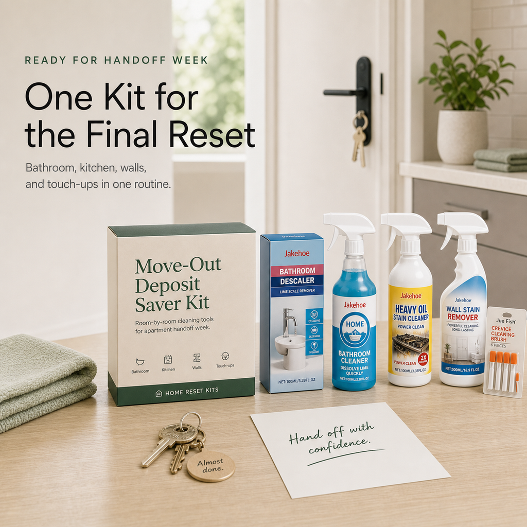Move-Out Deposit Saver Kit styled for apartment handoff week with checklist and cleaning products