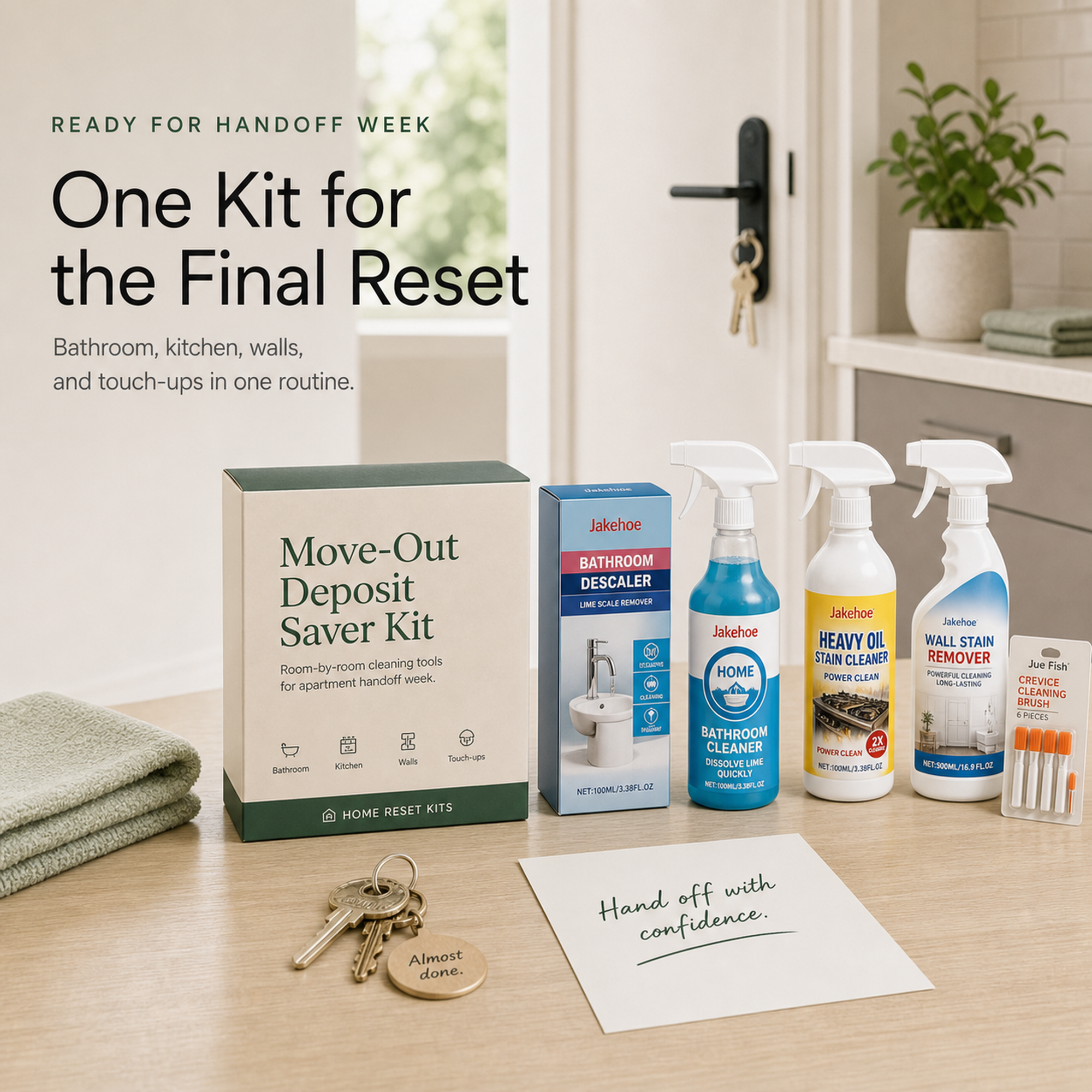 Move-Out Deposit Saver Kit styled for apartment handoff week with checklist and cleaning products