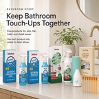 Five Bathroom Rescue Kit products arranged on a warm modern apartment bathroom vanity
