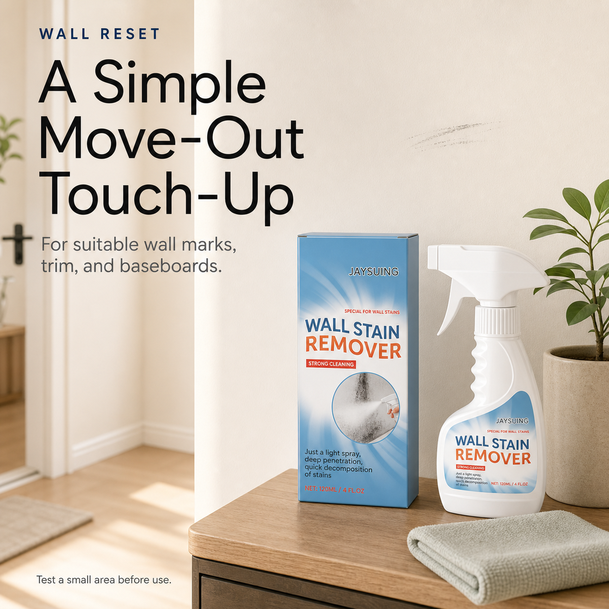 Wall Scuff Remover Spray styled as a simple apartment move out touch up