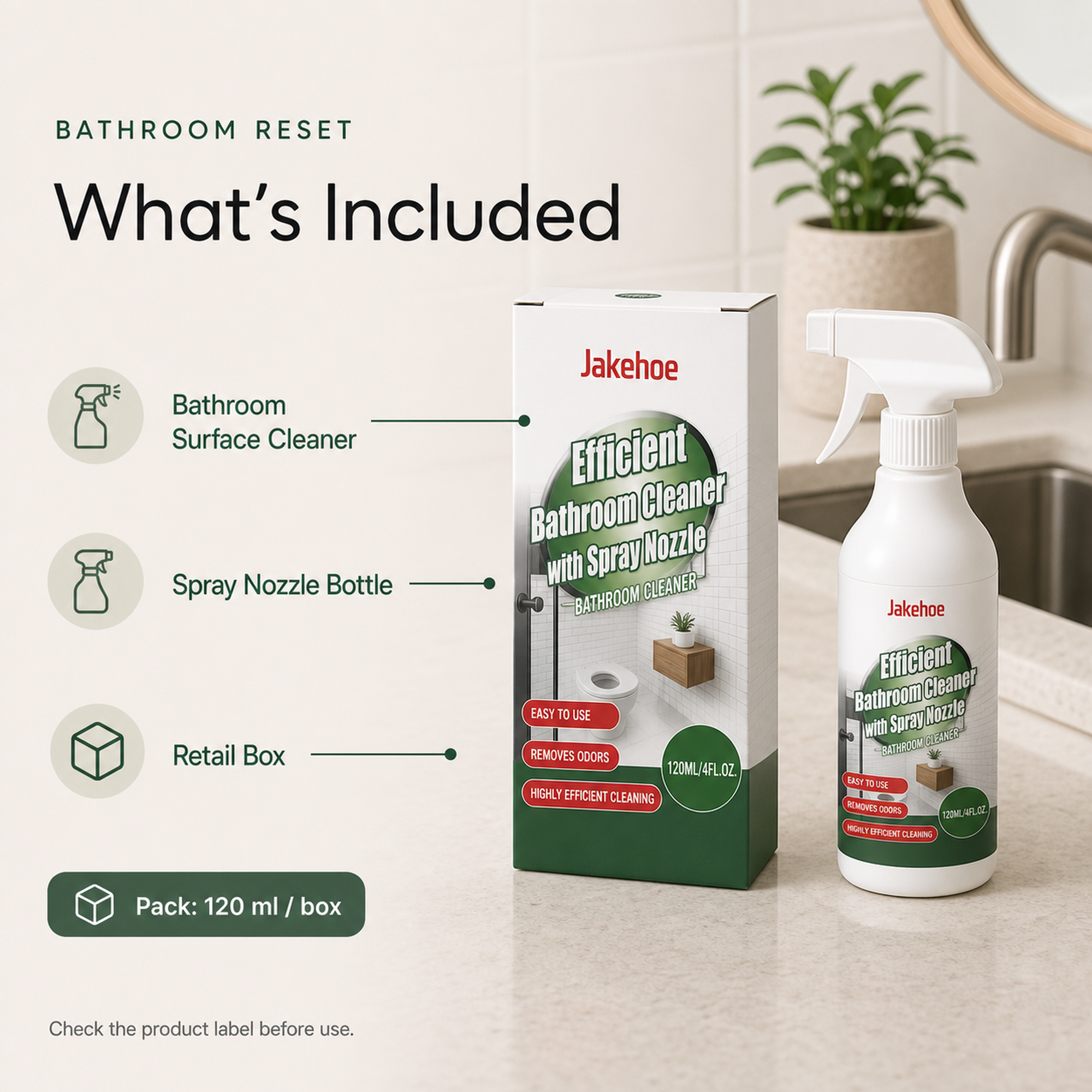 Bathroom Surface Cleaner package with spray nozzle bottle and retail box