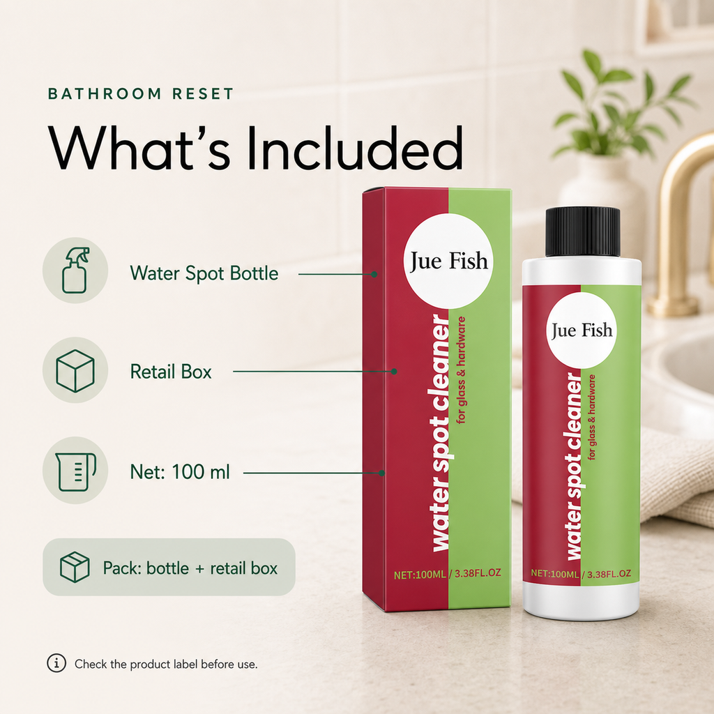 Bathroom Water Spot Remover package with bottle retail box and 100 ml net content