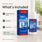 Sink and Drain Cleaning Powder package with bottle retail box and 100 g net content