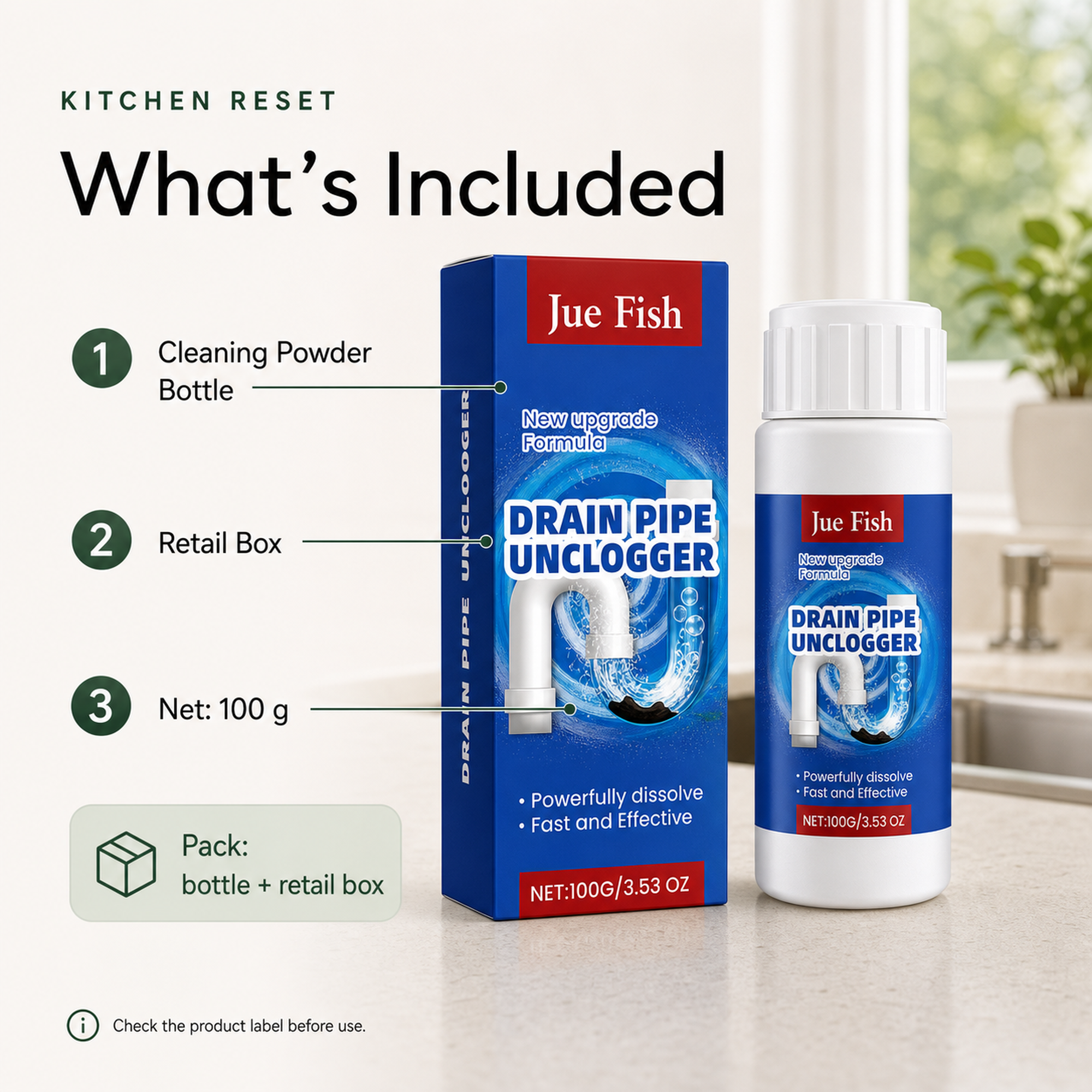 Sink and Drain Cleaning Powder package with bottle retail box and 100 g net content