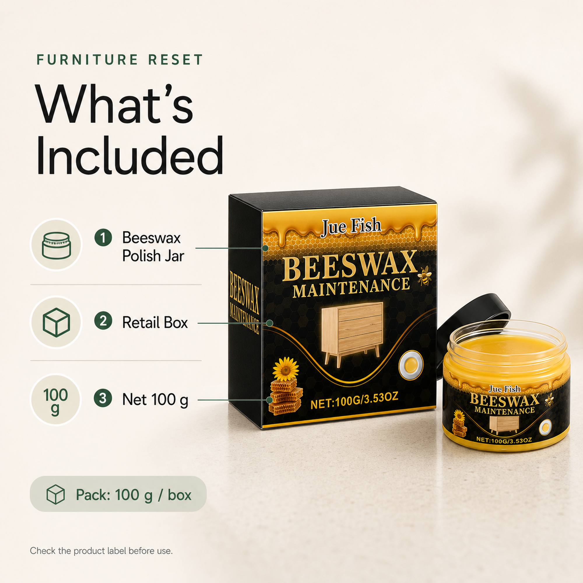 Beeswax Furniture Polish package with retail box and 100 gram polish jar