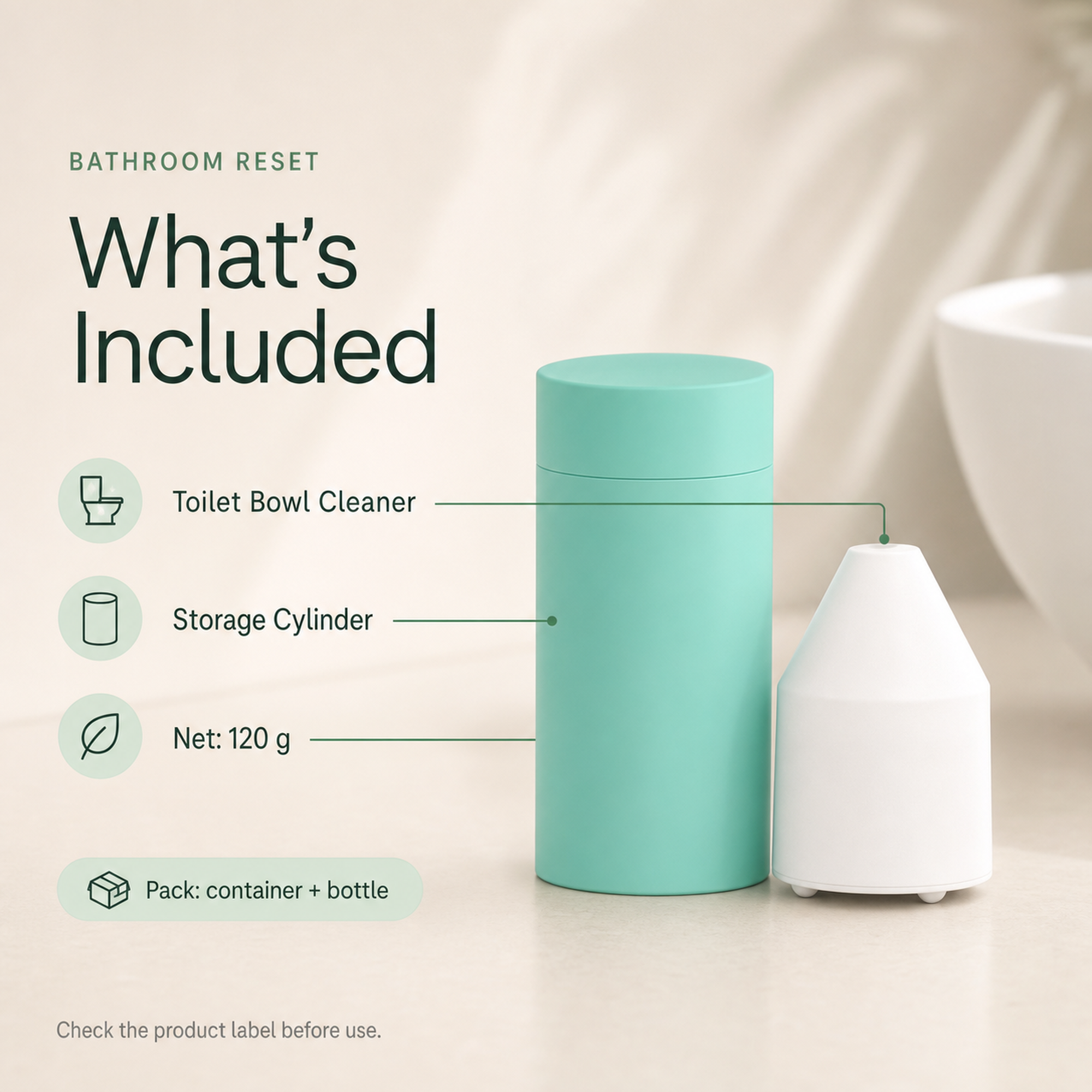 Toilet Bowl Cleaner package with 120 gram container and bottle