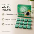 Garbage Disposal Cleaning Blocks package with 12 cleaning blocks and product box