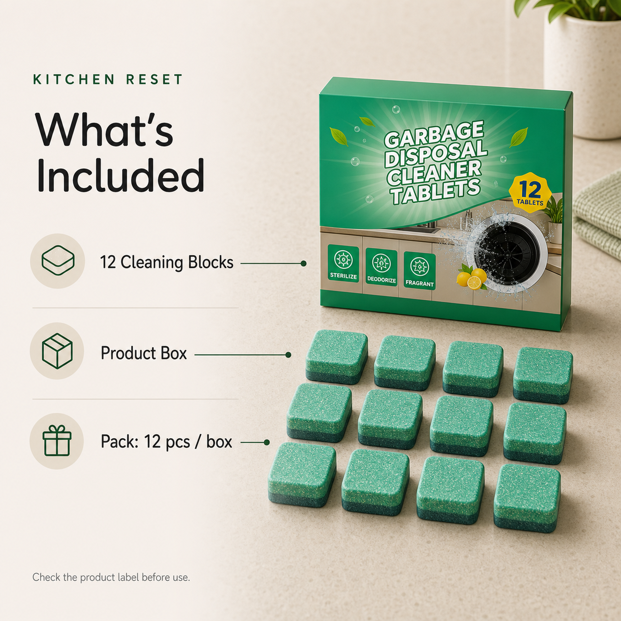Garbage Disposal Cleaning Blocks package with 12 cleaning blocks and product box