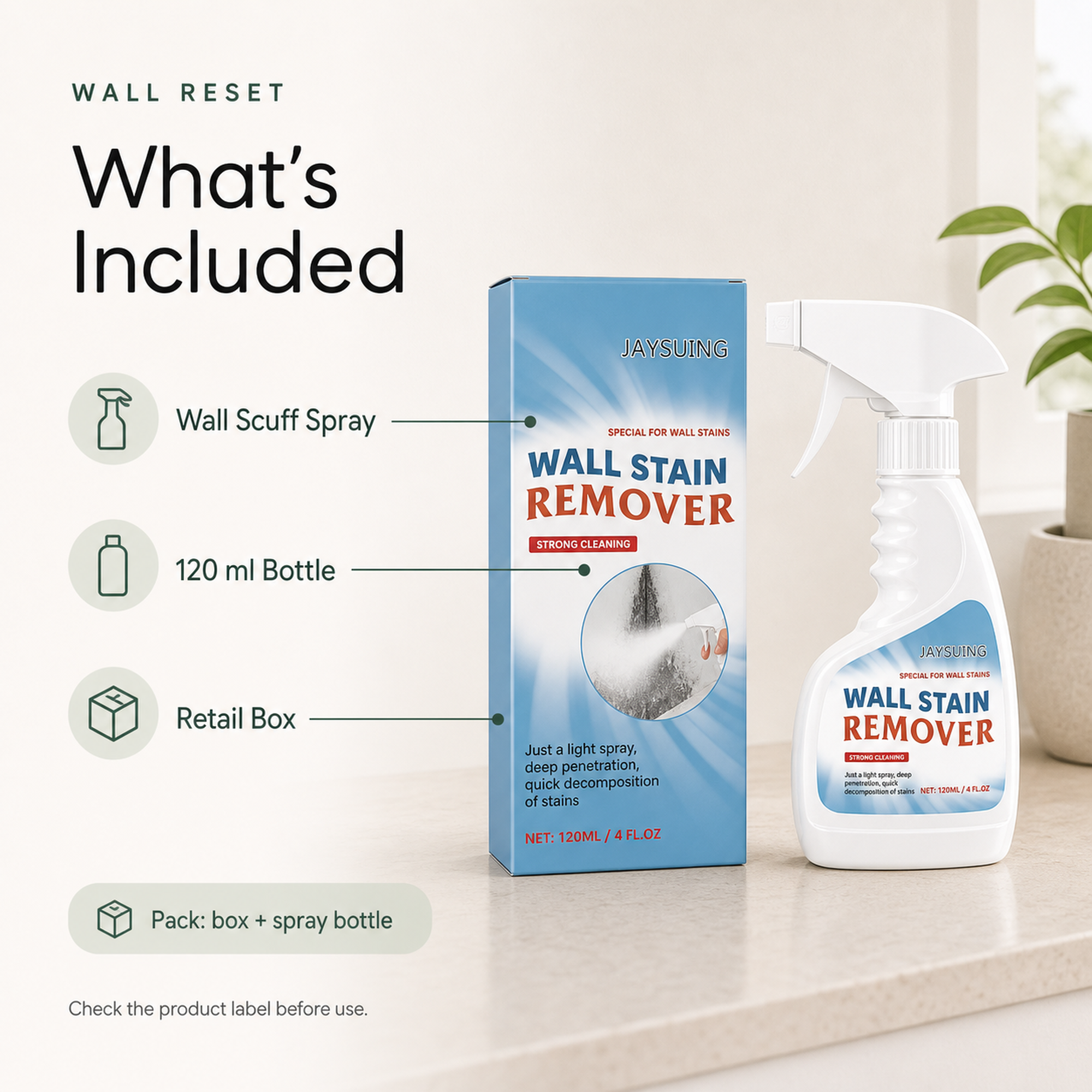 Wall Scuff Remover Spray package with 120 ml bottle and retail box