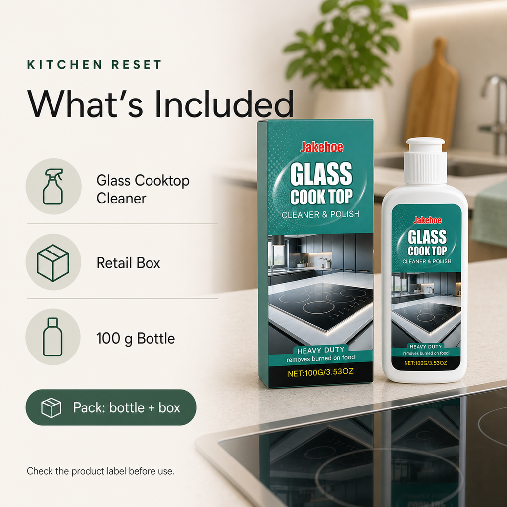 Glass Stovetop Cleaner and Polish package with 100 gram bottle and retail box