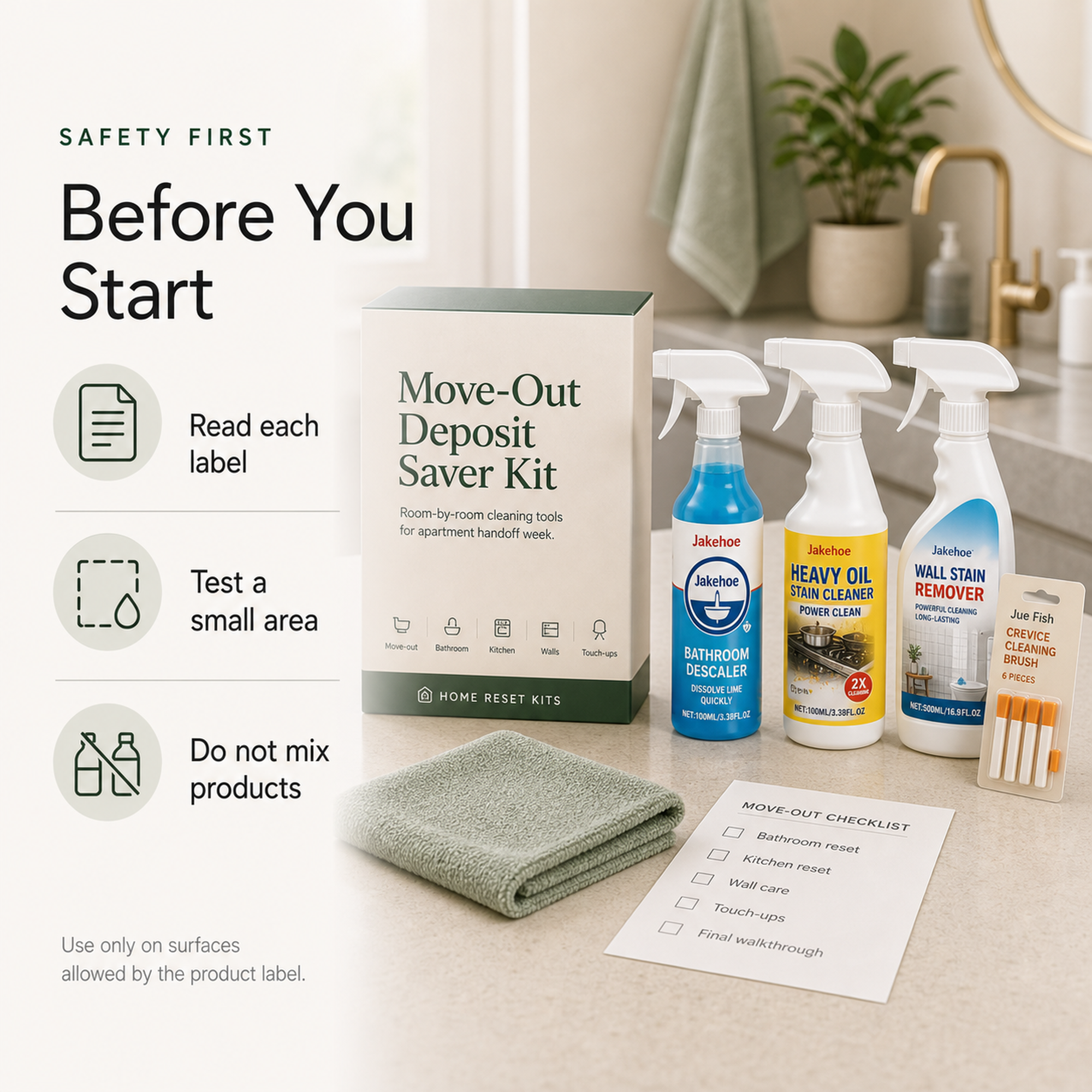 Move-Out Deposit Saver Kit safety notes read each label test a small area and do not mix products