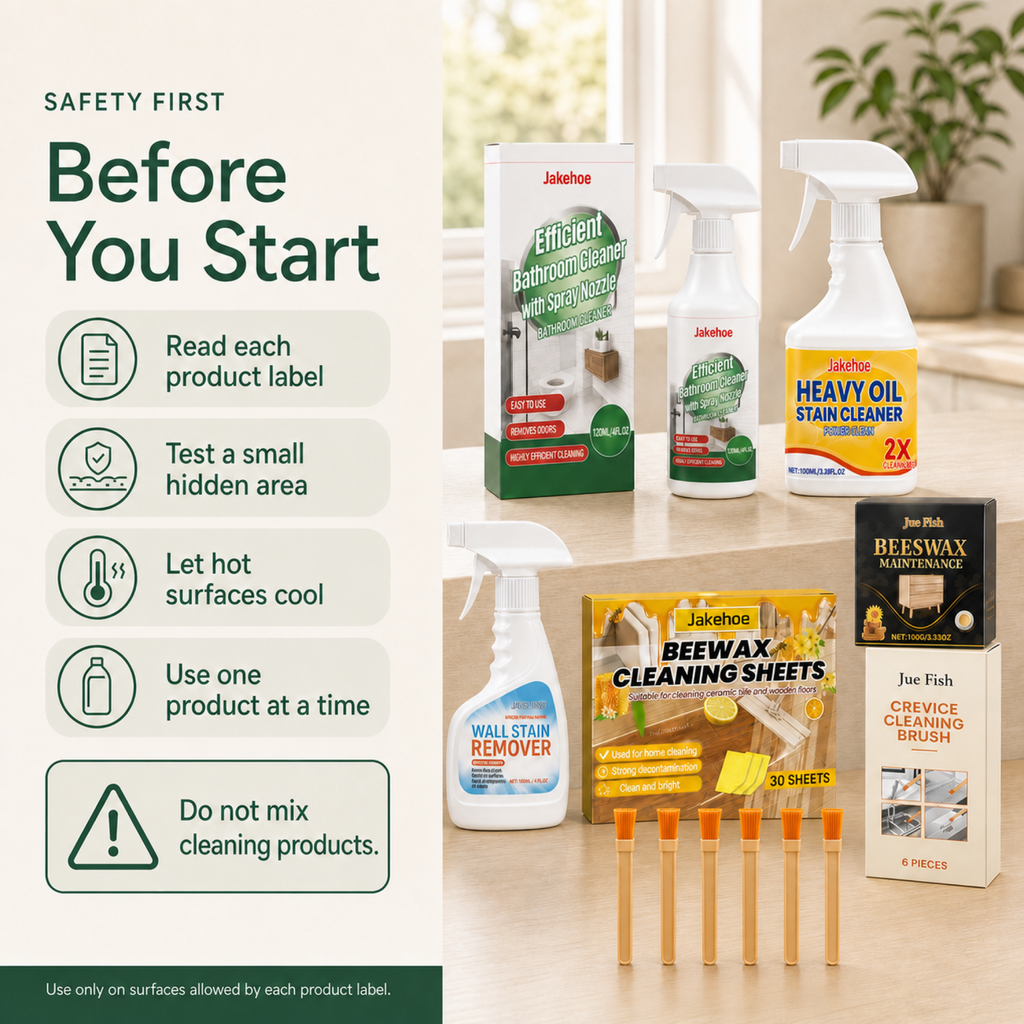 Whole Apartment Reset Bundle safety reminder to read labels test surfaces and not mix products