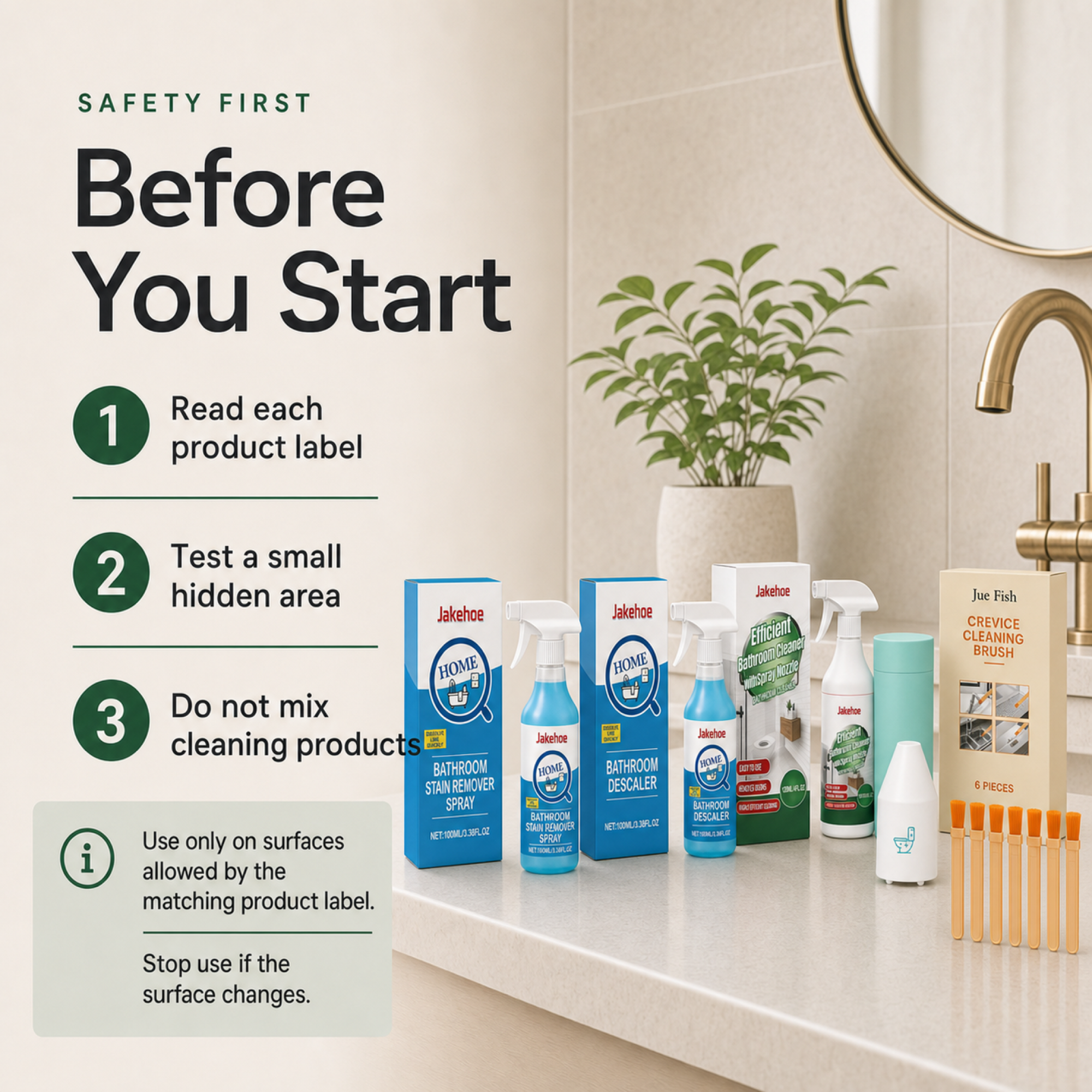 Bathroom Rescue Kit safety reminder to read labels test a small area and not mix cleaning products