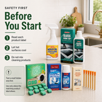 Kitchen Reset Kit safety reminder to read labels cool hot surfaces test first and not mix products