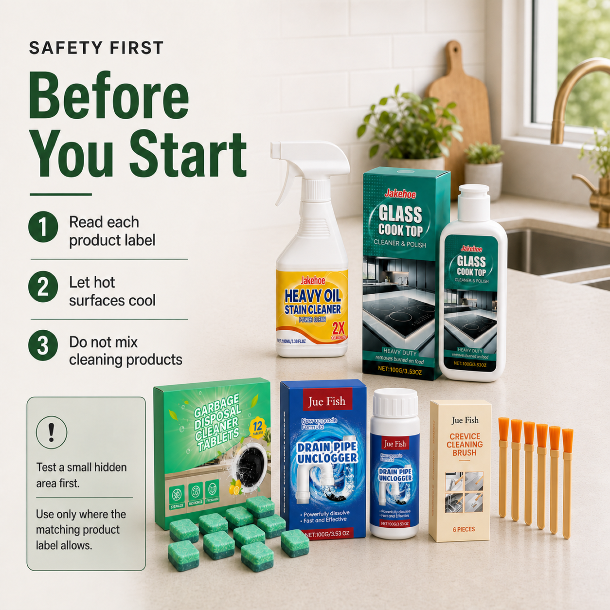 Kitchen Reset Kit safety reminder to read labels cool hot surfaces test first and not mix products