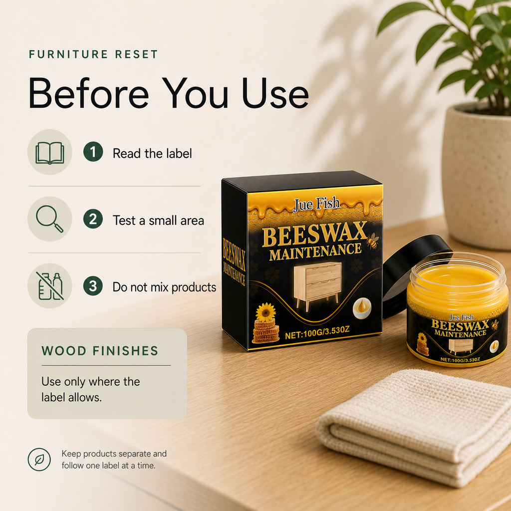 Beeswax Furniture Polish safety notes read label test a small area and do not mix products