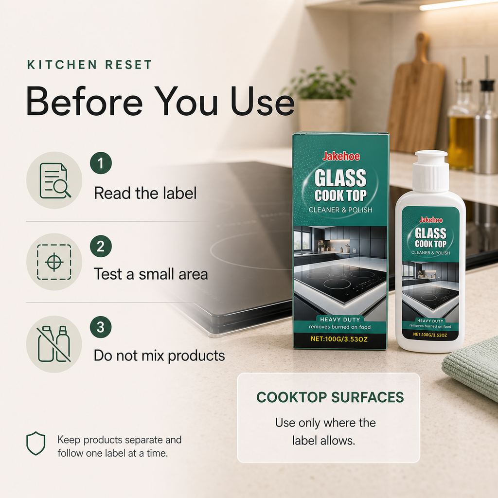 Glass Stovetop Cleaner and Polish safety notes read label test a small area and do not mix products