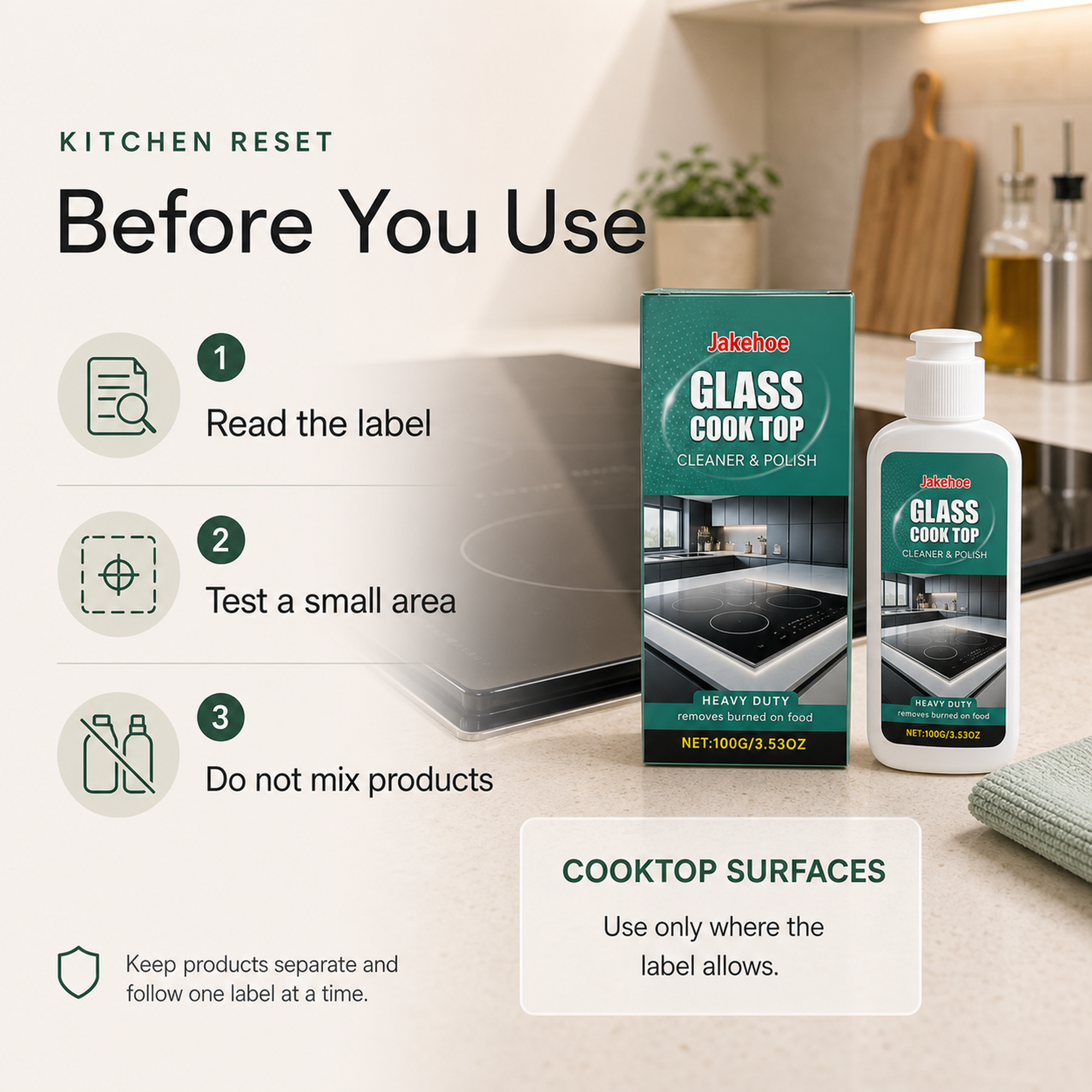 Glass Stovetop Cleaner and Polish safety notes read label test a small area and do not mix products