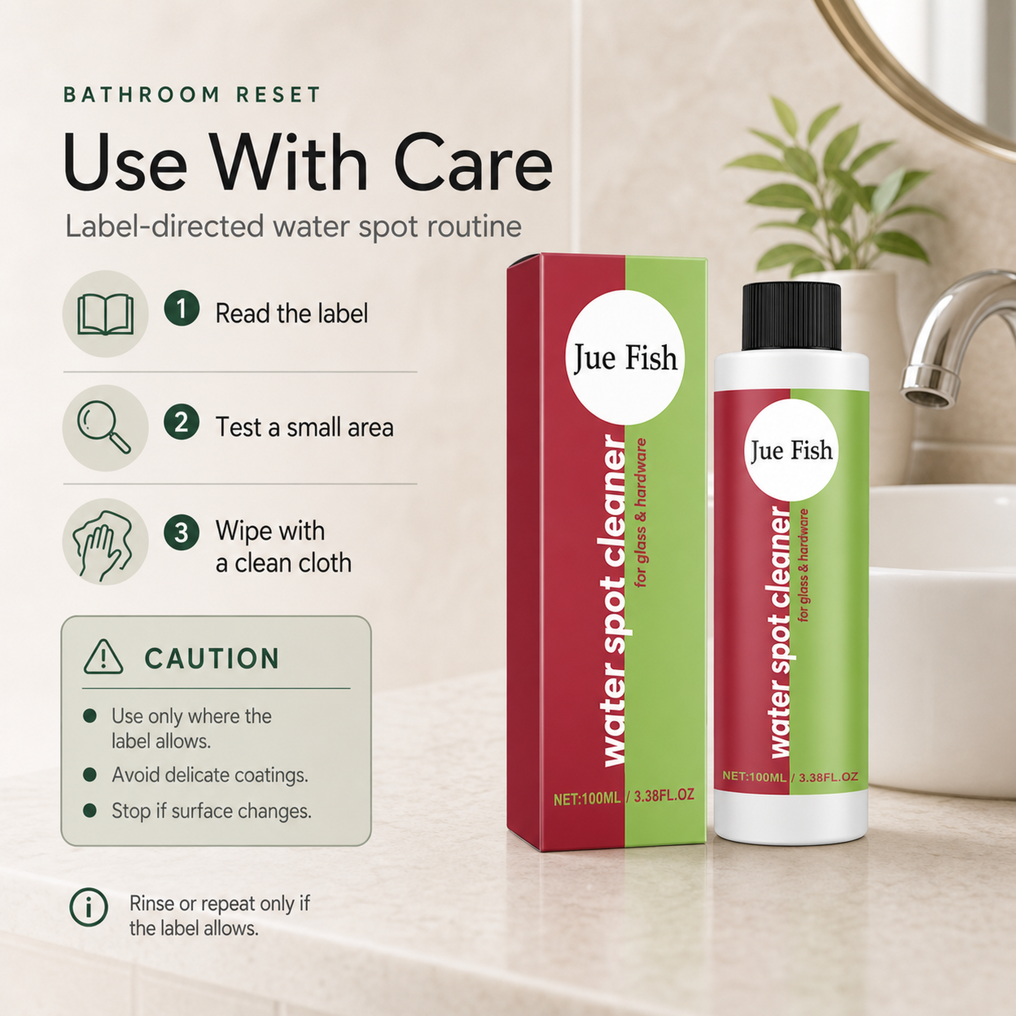 Bathroom Water Spot Remover safety notes read label test a small area and use where label allows