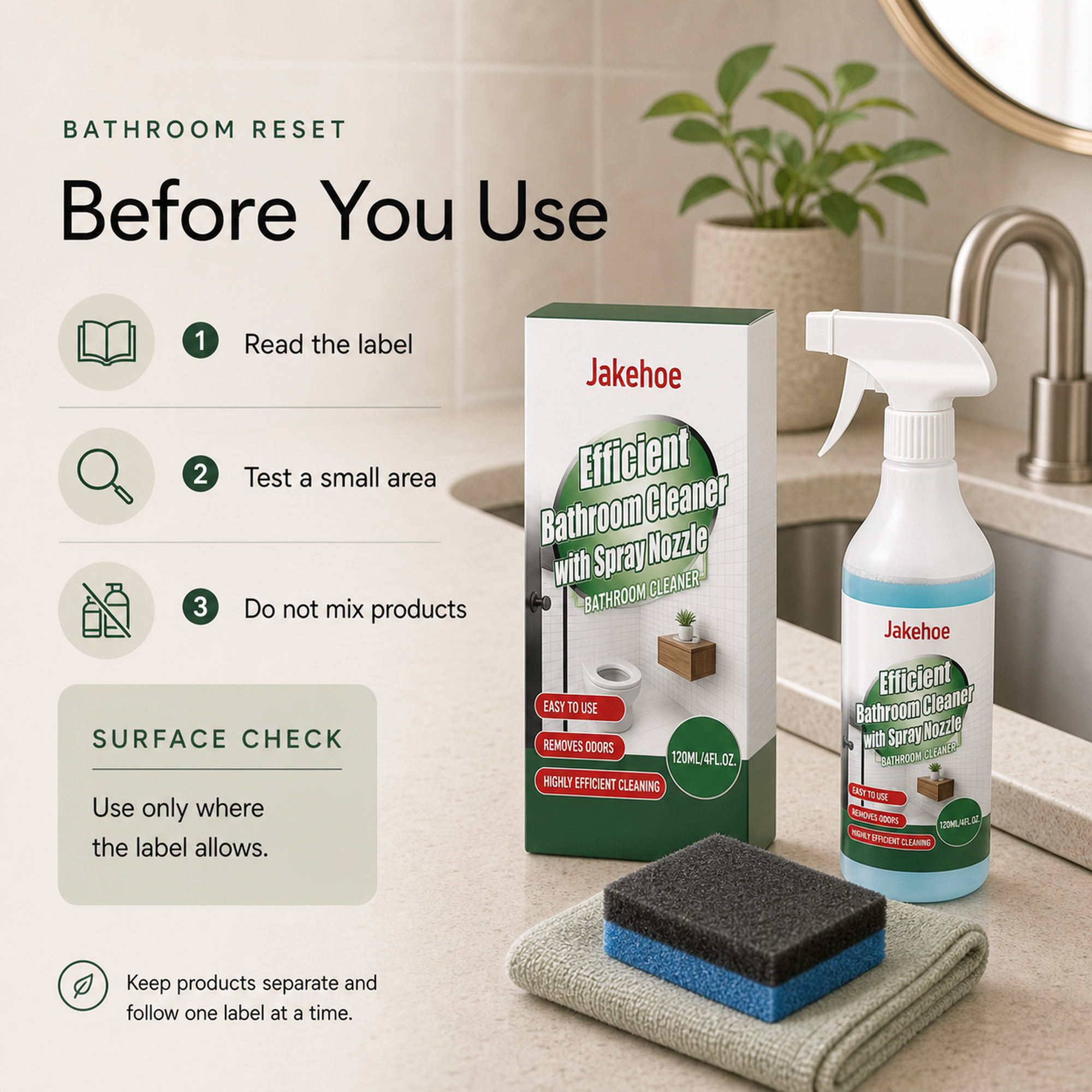 Bathroom Surface Cleaner safety notes read label test a small area and do not mix products