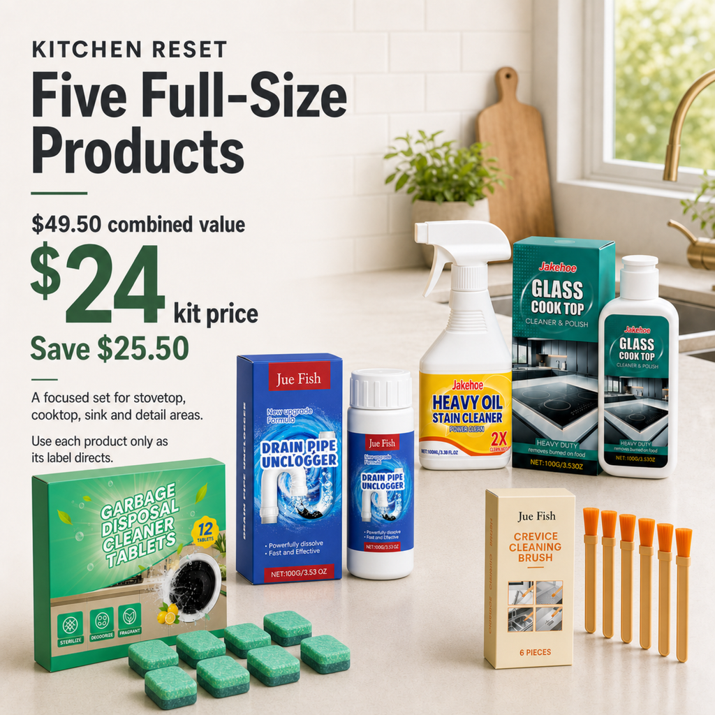 Kitchen Reset Kit five-product lineup with combined value and kit price