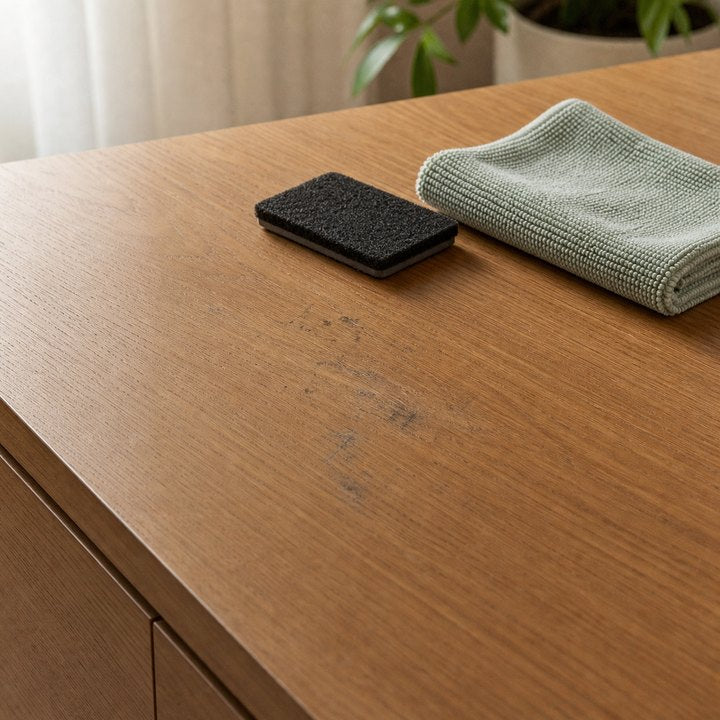 Furniture touch-up area on a warm wood surface with a cloth