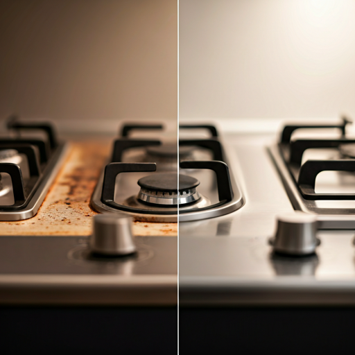 Split view of kitchen surface before and after a cleaning routine